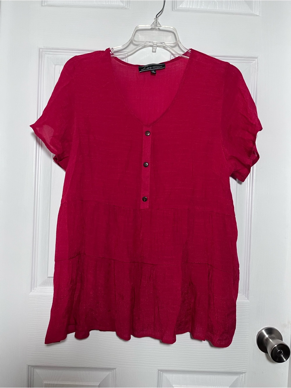Love University Women's Short Sleeve V-Neck Tiered Blouse in Red